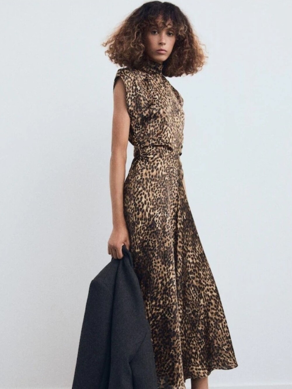 NWT Mango Piedra Leopard Print Satin Dress, Mock Neck, Fitted Waist Sz 4